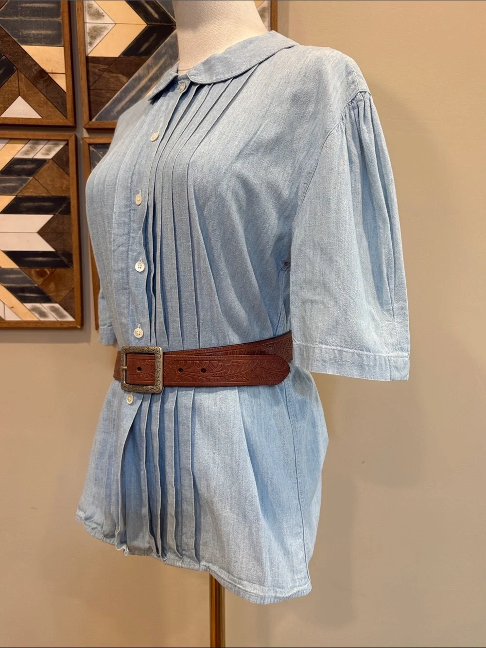 Vintage Ralph Lauren Blue Label Cotton Pleated Denim Button-Down Blouse size 8 - Picture 4 of 13